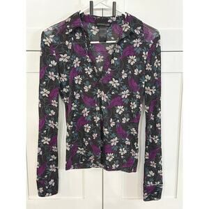 Kenneth Cole Sheer Floral Blouse Long Sleeve Button Front Black Purple - S - EUC